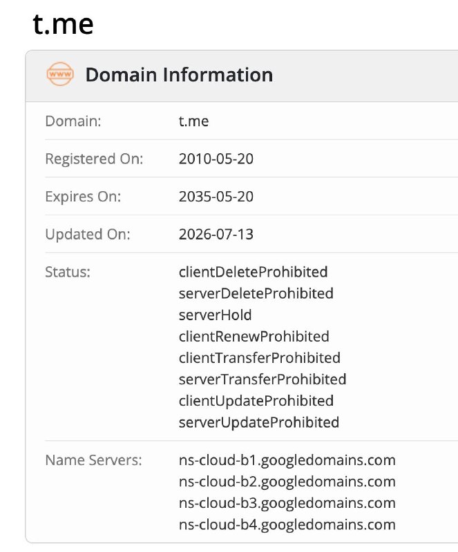 Telegram's t.me domain has been suspended这都能被 serverHold，我是不敢碰 me 域名了