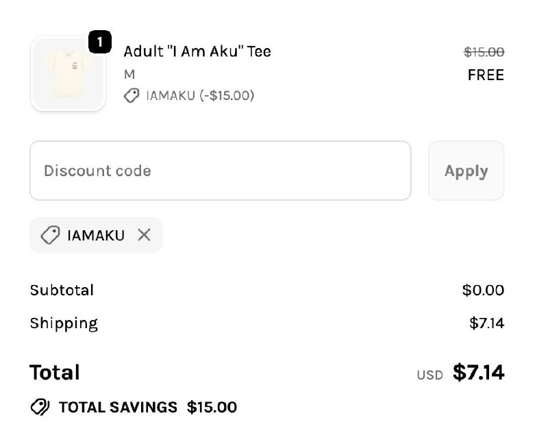 AKU Tee 免费领取折扣码：IAMAKU需要支付邮费，中国地址貌似邮不到，其他地区试试
