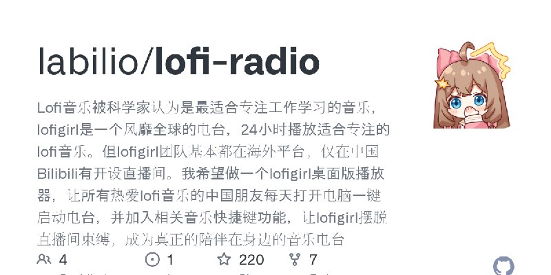 GitHub - labilio/lofi-radio: Lofi音乐被科学家认为是最适合专注工作学习的音乐，lofigirl是一个风靡全球的电台，24小时播放适合专注的lofi音乐。但lofigirl团队基本都在海外平台，仅在中国Bilibili有开…
