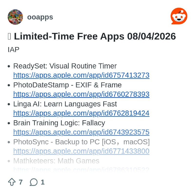 From the ooapps community on Reddit:  Limited-Time Free Apps 08/04/2026